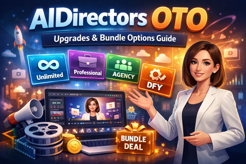 AIDirectors OTO dashboard showing AI video creation platform with upgrades and bundle options